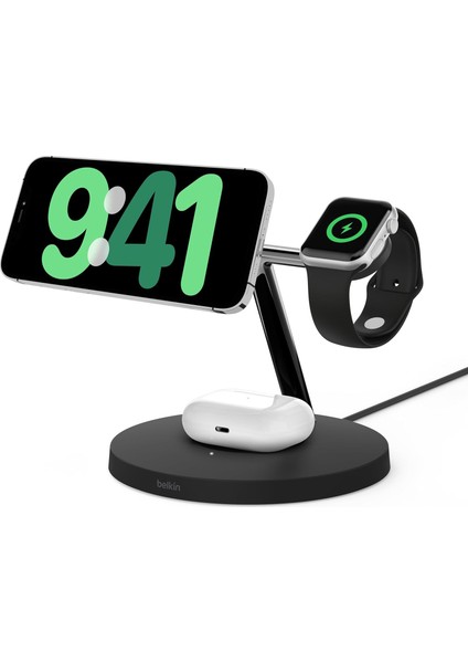 Boostcharge Pro Kablosuz 3'ü 1 Arada Şarj Cihazı Qi2 iPhone 15, 14, 13 ve 12 ve Apple Watch ve Airpods, Kablosuz Şarj, Endüktif Şarj Istasyonu (15 W'a Kadar) - Siyah