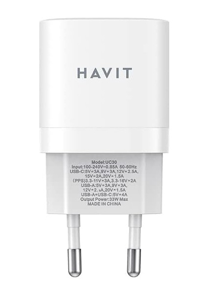 UC30 33W Gan Teknoloji Hızlı Şarj Adaptörü - Type-C ve USB Qc3.0 (Beyaz)