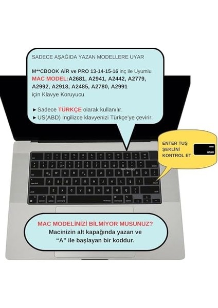 Macbook Air Pro Klavye Koruyucu M1-M2-M3,(Us To Tr) A2681 A3113 A2941 A3114 A2442 A2779 A2992 A2918 A2485 A2780 A2991 ile Uyumlu Siyah