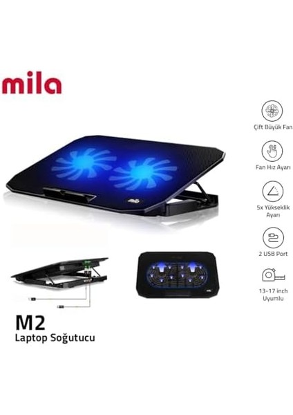 Mila Serisi M2 13-17 Inch - Mavi Led,2 Fan,2 USB Gaming Notebook Soğutucu Standı