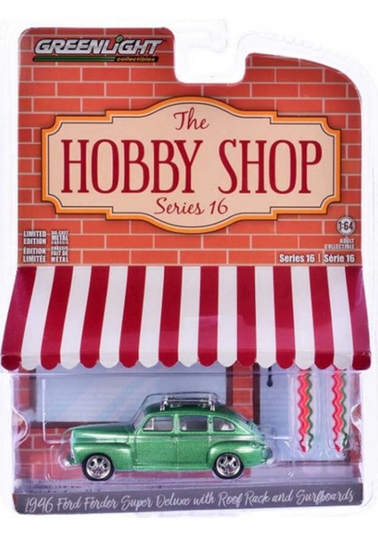 Greenlight 1/64 The Hobby Shop Series 16 - 1946 Ford Fordor Super Deluxe Green Metallic With White Interior And Roof Rack With Surfboards