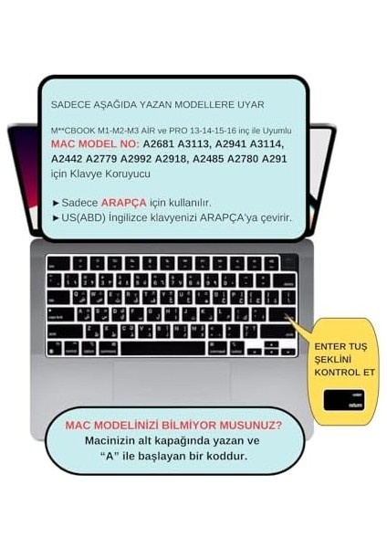 Arapça Klavye Koruyucu Macbook Air-Pro M1-M2-M3 (Touchıd'li) A2681 A3113 A2941 A3114 A2442 A2779 A2992 A2918 A2485 A2780 A2991 Us Enter ile Uyumlu Siyah