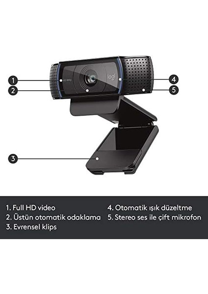 C920 Hd Pro Web Kamerası, 1080P/30 Fps Çözünürlük, Rightlight 2 ile Otomatik Işık Düzeltme, Çift Mikrofonlu Stereo Ses, Siyah