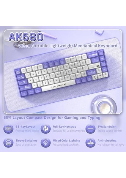 Ajazz AK680 65% Kablolu Hotswap Mekanik Oyun Klavyesi,68 Tuşlu Taşınabilir Anti-Ghosting Klavye,gökkuşağı Arkadan Aydınlatmalı Programlanabilir,eva Sandviç,ergonomik Mor Beyaz/brown Switch