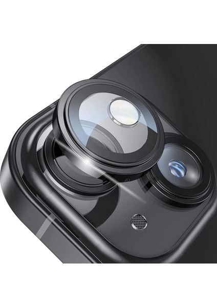 Iphone 15-15 Plus ile Uyumlu Safir Kamera Lens Koruyucu Kolay Kurulum Kitli Çizilmez Safir Cam ve Titanyum Alaşım Çerçeve (Siyah, Safir Cam)