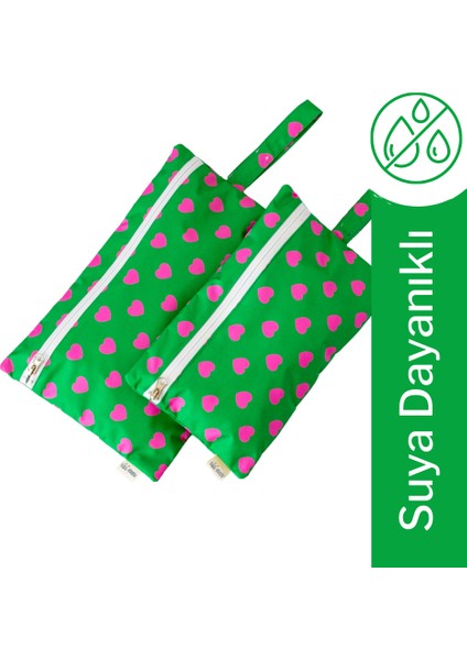 Temiz & Islak/ kirli 2'li Çanta Seti Kalpler Yeşil Pembe