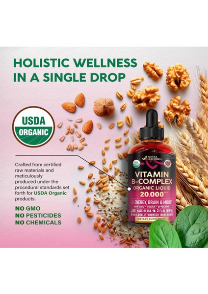 Nutraharmony Vitamin B-Complex B5 Pantothenic Acid B12 Methylcobalamin B1 Thiamine B6 Pyridoxine B7 Biotin B9 Folic B3 Niacinamide - B Complex Liquid Drops, Made In Usa
