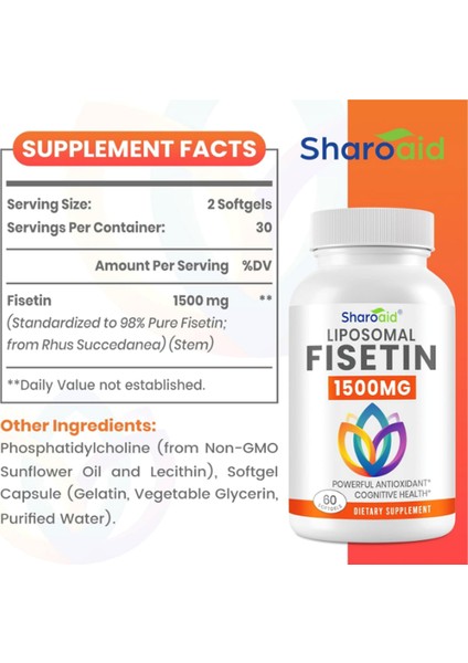 Liposomal Fisetin Delivery,98% Pure Fisetin,polyphenol Antioxidant For Healthy Aging,non-Gmo - 1500 mg 60 Softgels.abd Menşei fiyatları