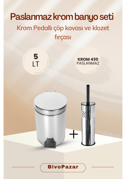 Paslanmaz Klozet Fırçası ve 5 Lt Pedallı Çöp Kovası Set Olarak