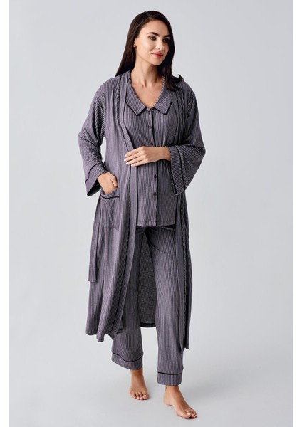 Bebe Yaka Düğmeli Uzun Kollu Hamile Sabahlık Pijama Takım 23111