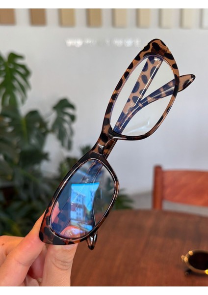 Aventino Leopar Cat Eye Küçük Çekik Minik Retro Mavi Işık Korumalı Gözlük Ekran Gözlük