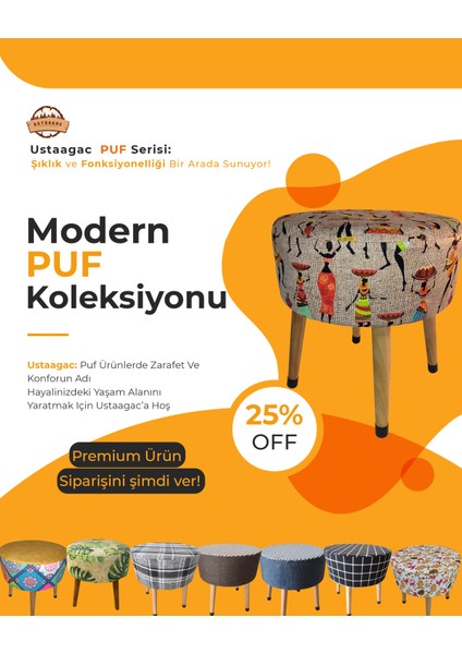 Premium Puf Koltuk Tabure - Etna Ütopya Kadın - Ahşap Gürgen Ayaklı