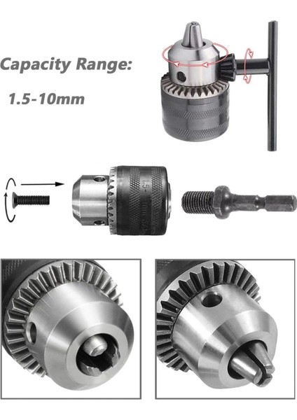 Hex Matkap Için 6gen Mandren ve Adaptör 3/8 Dişli 1,5-10MM Kapasiteli Altıgen Şaftlı Anahtarlı Set