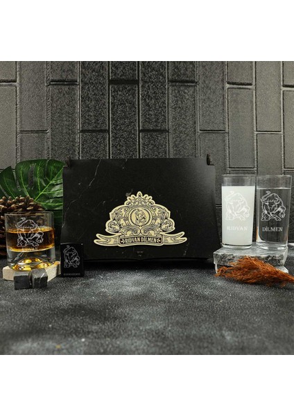 Ahşap Kutulu Boğa Figürlü Isme Özel Rakı & Çakmak & Taşlı Viski Kadehi Seti