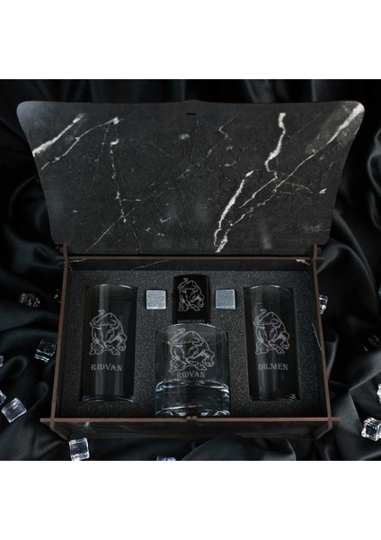 Ahşap Kutulu Boğa Figürlü Isme Özel Rakı & Çakmak & Taşlı Viski Kadehi Seti fiyatları