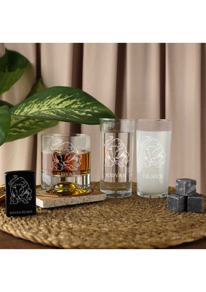 Ahşap Kutulu Boğa Figürlü Isme Özel Rakı & Çakmak & Taşlı Viski Kadehi Seti modelleri