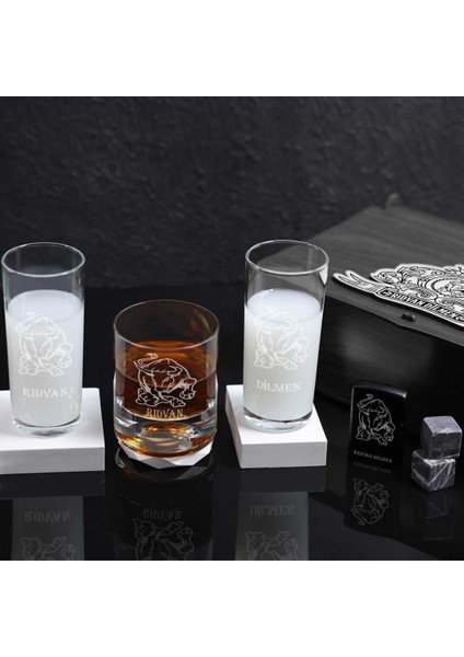 Ahşap Kutulu Boğa Figürlü Isme Özel Rakı & Çakmak & Taşlı Viski Kadehi Seti fırsatları