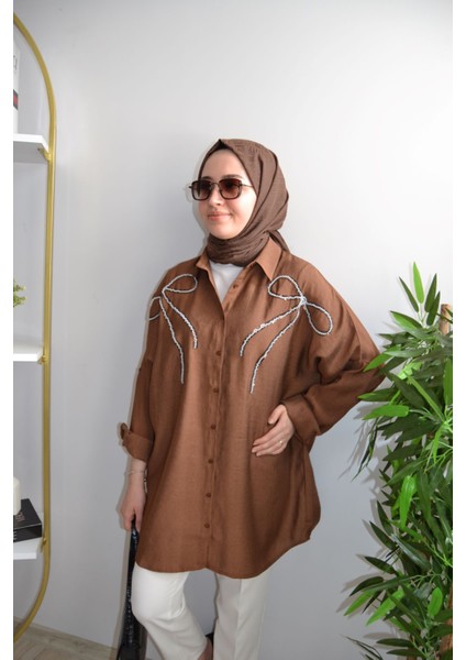 Oversize Önü Kurdele Işleme Nakışlı Tesettür Gömlek Tunik