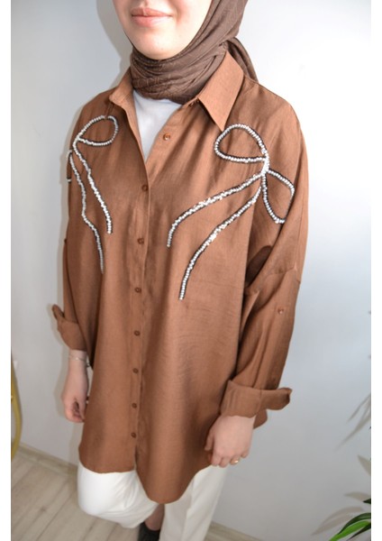 Oversize Önü Kurdele Işleme Nakışlı Tesettür Gömlek Tunik