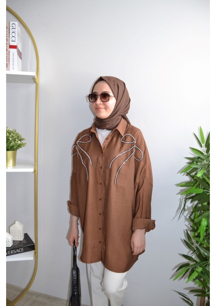 Oversize Önü Kurdele Işleme Nakışlı Tesettür Gömlek Tunik