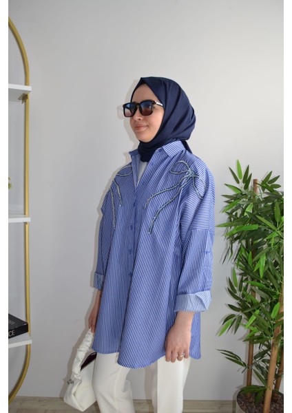 Oversize Önü Kurdele Işleme Nakışlı Tesettür Gömlek Tunik