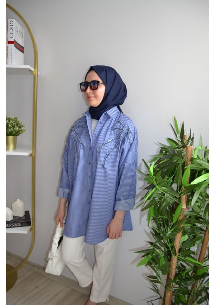 Oversize Önü Kurdele Işleme Nakışlı Tesettür Gömlek Tunik fiyatları