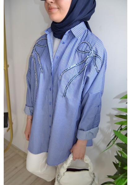 Oversize Önü Kurdele Işleme Nakışlı Tesettür Gömlek Tunik modelleri