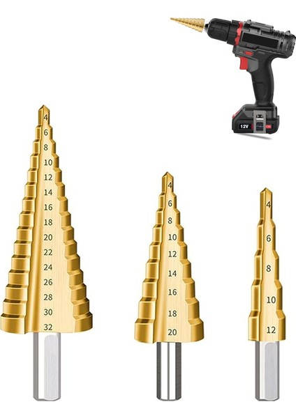Yüksek Kaliteli Demir Delme Pançı Şarjlı Matkap Uyumlu Üç Farklı Boyutta Kademeli Delme Pancı Seti