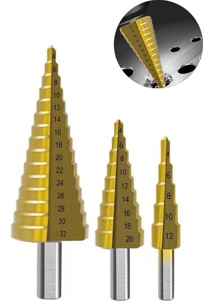 Yüksek Kaliteli Demir Delme Pançı Şarjlı Matkap Uyumlu Üç Farklı Boyutta Kademeli Delme Pancı Seti modelleri