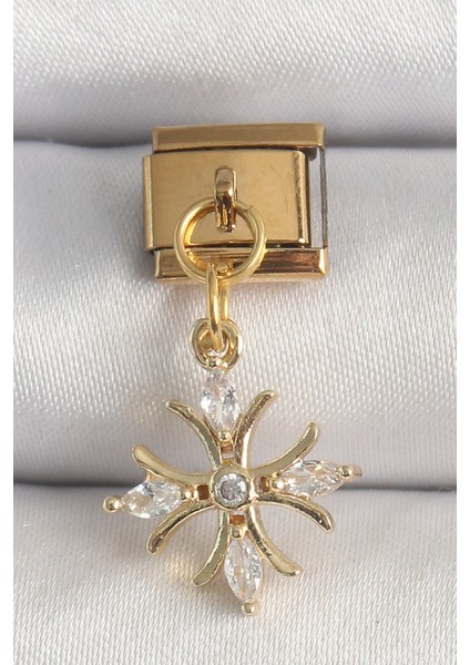 316L Çelik Gold Renk Sallantı Zirkon Taşlı Kar Tanesi Model Nomination Charm