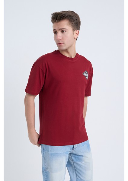 Erkek Oversize Baskılı T-Shirt Bordo Vintage Label modelleri