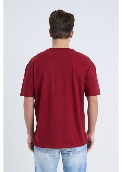 Erkek Oversize Baskılı T-Shirt Bordo Vintage Label fırsatları
