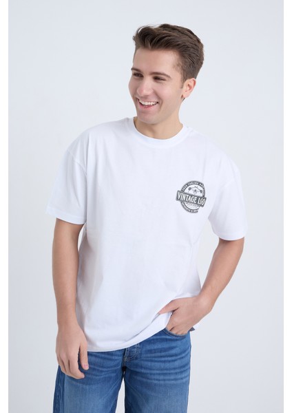 Erkek Oversize Baskılı T-Shirt Beyaz Vintage Logo