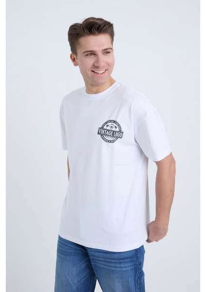 Erkek Oversize Baskılı T-Shirt Beyaz Vintage Logo fiyatları