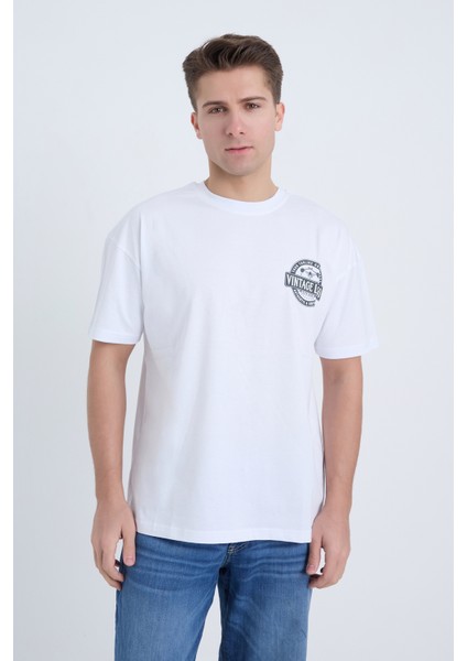Erkek Oversize Baskılı T-Shirt Beyaz Vintage Logo modelleri