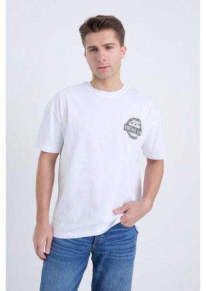 Erkek Oversize Baskılı T-Shirt Beyaz Vintage Logo fırsatları