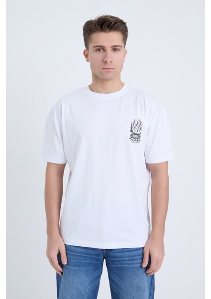 Erkek Oversize Baskılı T-Shirt Beyaz Campfire