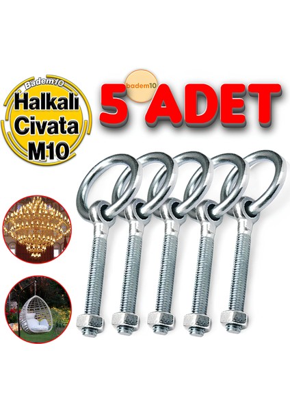 Delikli Halkalı Metal Paslanmaz Civata M10 Somunlu Sabitleme Çekme Kaldırma Tavan Kancası Asma Kit