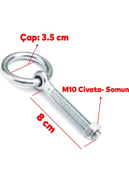 Delikli Halkalı Metal Paslanmaz Civata M10 Somunlu Sabitleme Çekme Kaldırma Tavan Kancası Asma Kit