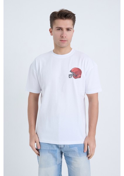 Erkek Oversize Baskılı T-Shirt Beyaz Football Helmet