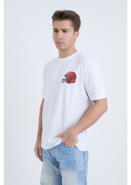 Erkek Oversize Baskılı T-Shirt Beyaz Football Helmet fırsatları