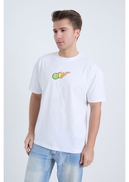 Erkek Oversize Baskılı T-Shirt Beyaz Hot Tennis