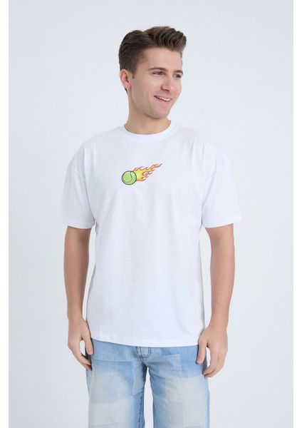 Erkek Oversize Baskılı T-Shirt Beyaz Hot Tennis modelleri