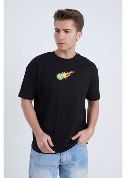 Erkek Oversize Baskılı T-Shirt Siyah Hot Tennis