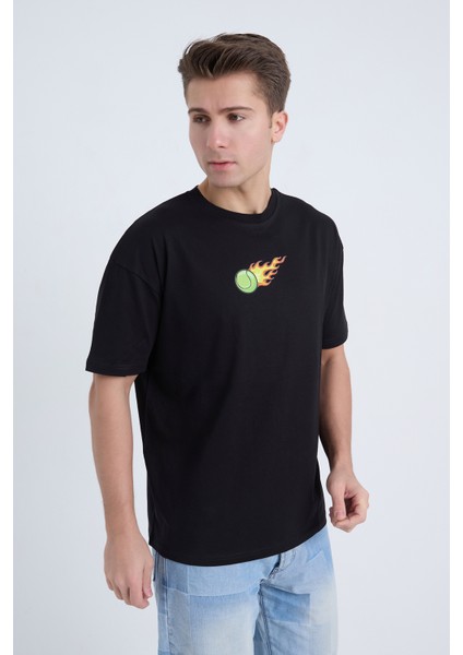 Erkek Oversize Baskılı T-Shirt Siyah Hot Tennis modelleri