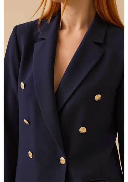 Kadın Düğmeli Klasik Kesim Blazer Ceket - Lacivert