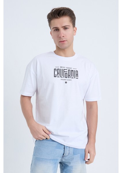 Erkek Oversize Baskılı T-Shirt Beyaz California