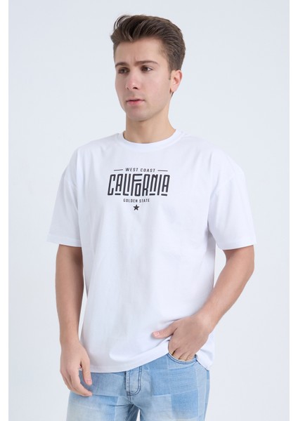 Erkek Oversize Baskılı T-Shirt Beyaz California fiyatları