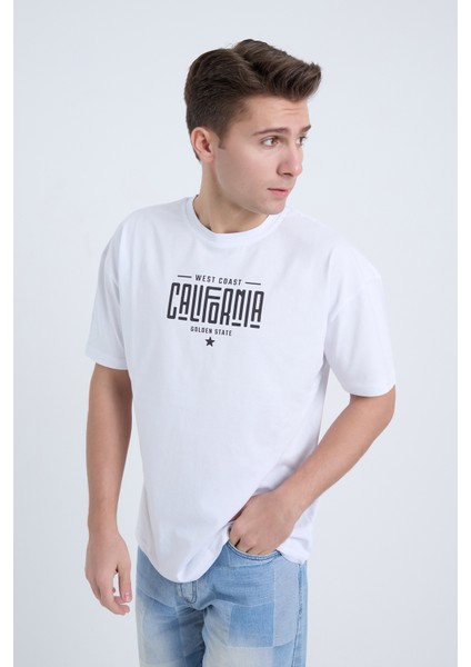 Erkek Oversize Baskılı T-Shirt Beyaz California modelleri