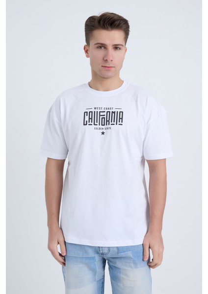 Erkek Oversize Baskılı T-Shirt Beyaz California fırsatları